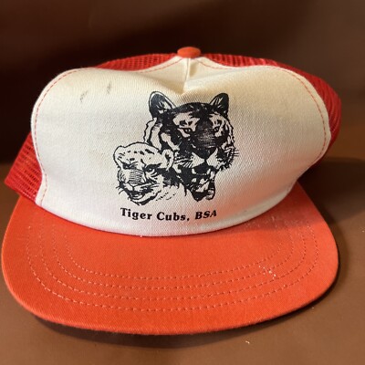 Vintage Tiger Cubs BSA Orange Trucker Hat Boys Size Made USA Boy Scouts Cub 