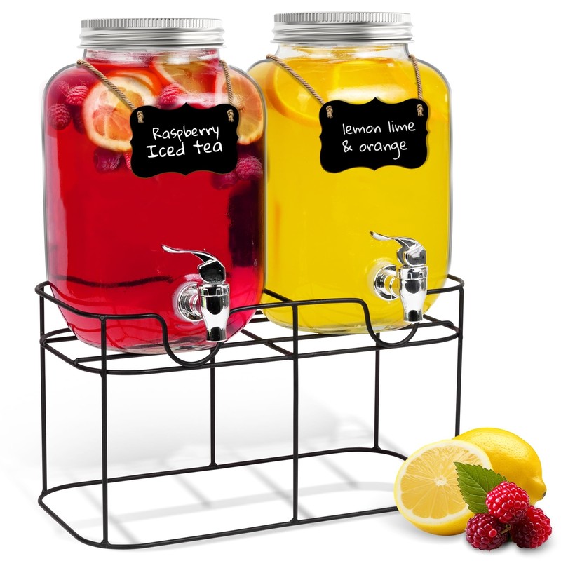 Heftman Glass Drink Dispenser Jar With Metal Stand Cocktail Juice 4l 2 Pack