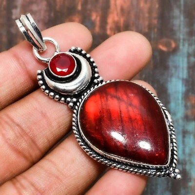 Red Labradorite $ Garnet Gemstone Handmade Jewelry Pendant 2.76''