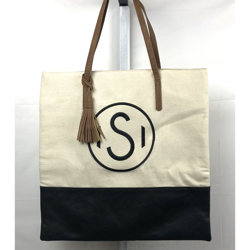 Mud Pie Chelsea Canvas Tote Initial 'S' Medium Women PU Bag Purse with Tassel