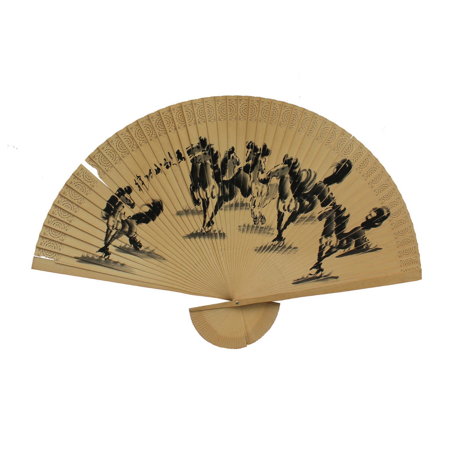 Chinese Handmade Fan Shape Racing Horses Theme Wood Painting cs5637S Chinese Handmade Fan Shape Racing Horses Theme Wood Painting cs5637S