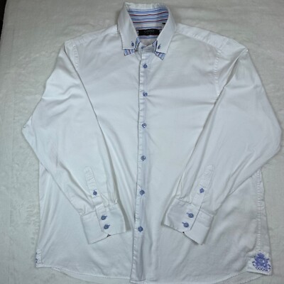 Coogi Luxe Men s Button Down Embroidered Sz 3XL White Pin Stripe Dress Shirt