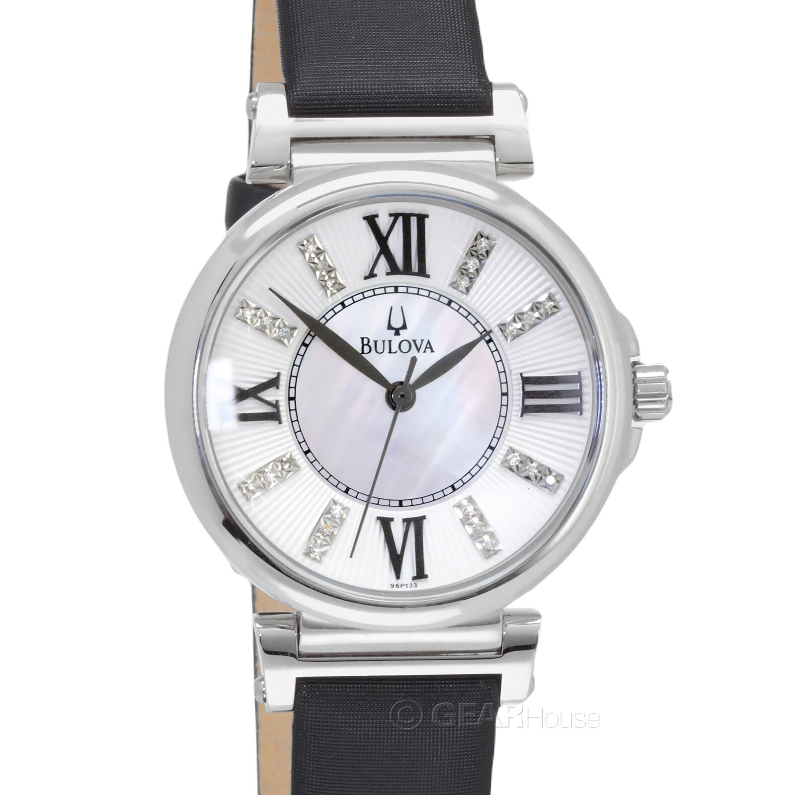 Женские часы BULOVA с 24 бриллиантами, белый циферблат MOP, черный кожаный ремешок