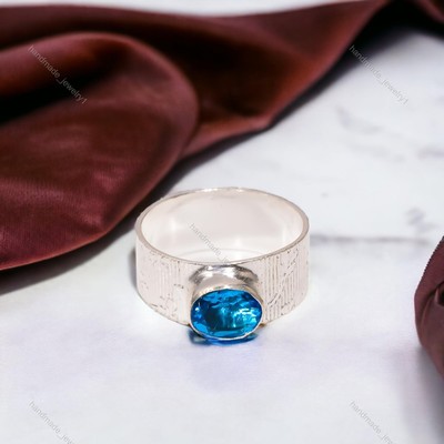 Swiss Blue Topaz Simple Band Ring Size 7 Handcrafted Silver Partywear Jewelry
