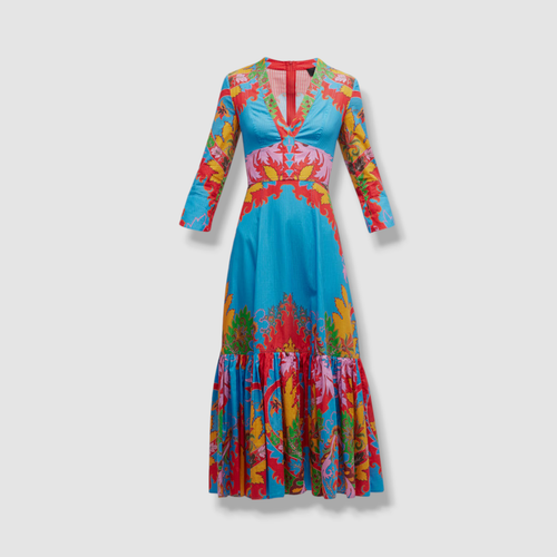 Pre-owned Etro $2250  Women's Blue Blooming Floral-print V-neck Jacquard Midi Dress Size 42