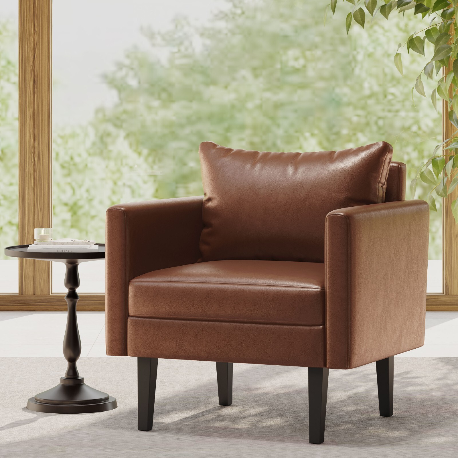 Mid Century Modern Faux Leather Club Chair, Cognac Brown and