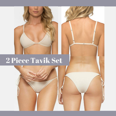 NEW Tavik [ Medium ] Jett Triangle Bikini Top + Jax Side Tie Bottom Tapioca 4656