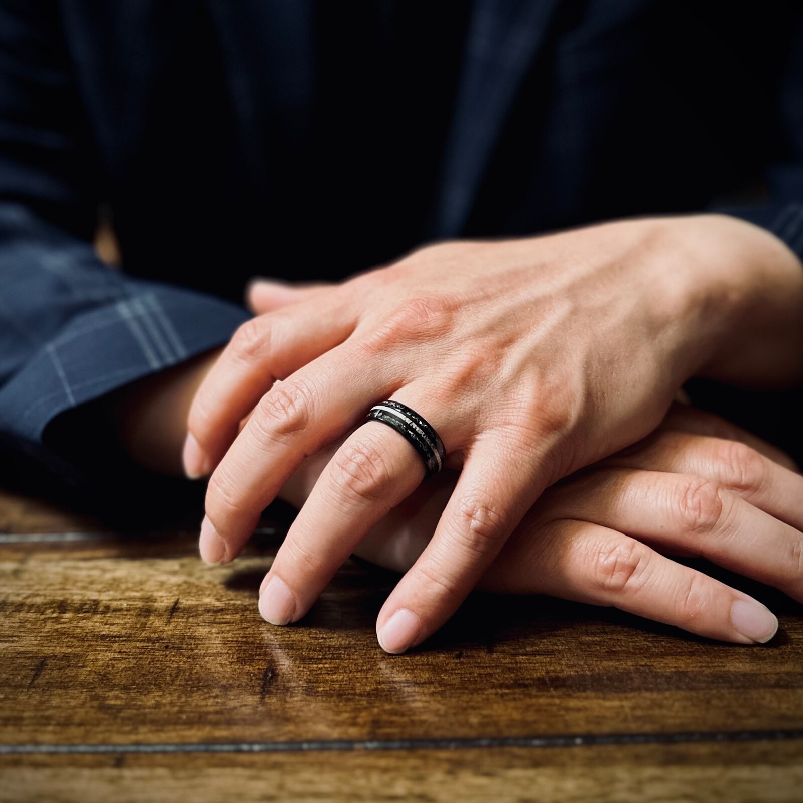 Black Tungsten Carbide Men's Ring w/ Deer Antler & Meteorite Wedding Band