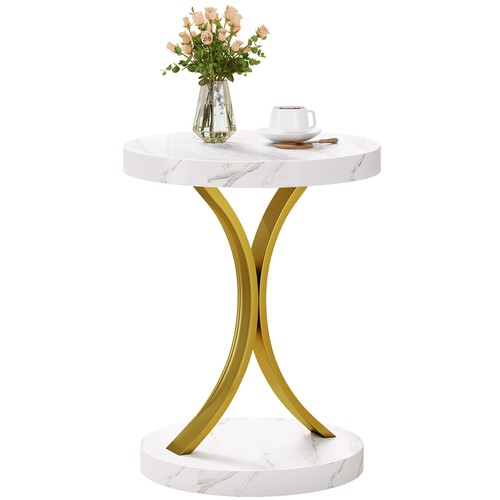 Set of 2 Round End Tables Side Table Nightstand with Faux Marble Top Living Room