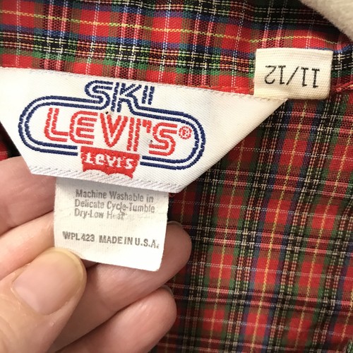 Vintage 70's Ski Levi's Kids Western Pearl Snap Shirt Size 11/12 Red Green