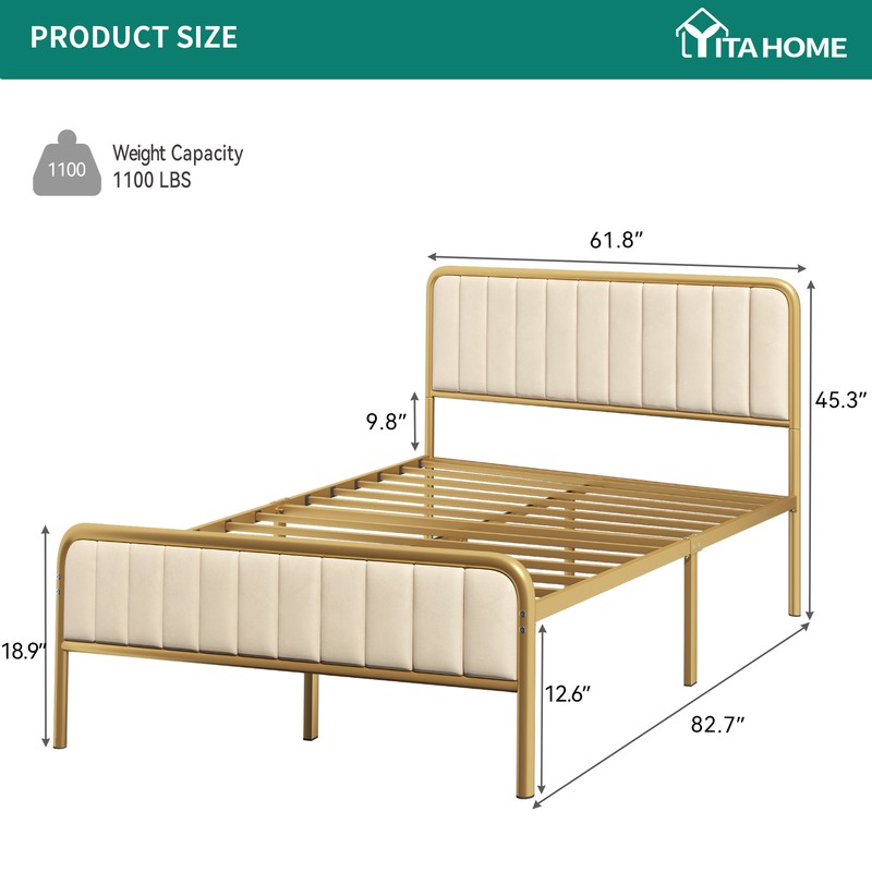 TAUS Queen Size Bed Frame with Diamond Button Tufted Headboard Platform Beige