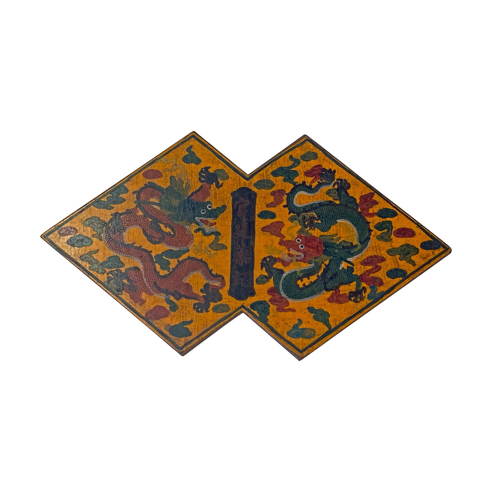 Chinese Distressed Yellow Lacquer Double Rhombus Dragons Graphic Box ws2334S Chinese Distressed Yellow Lacquer Double Rhombus Dragons Graphic Box ws2334S