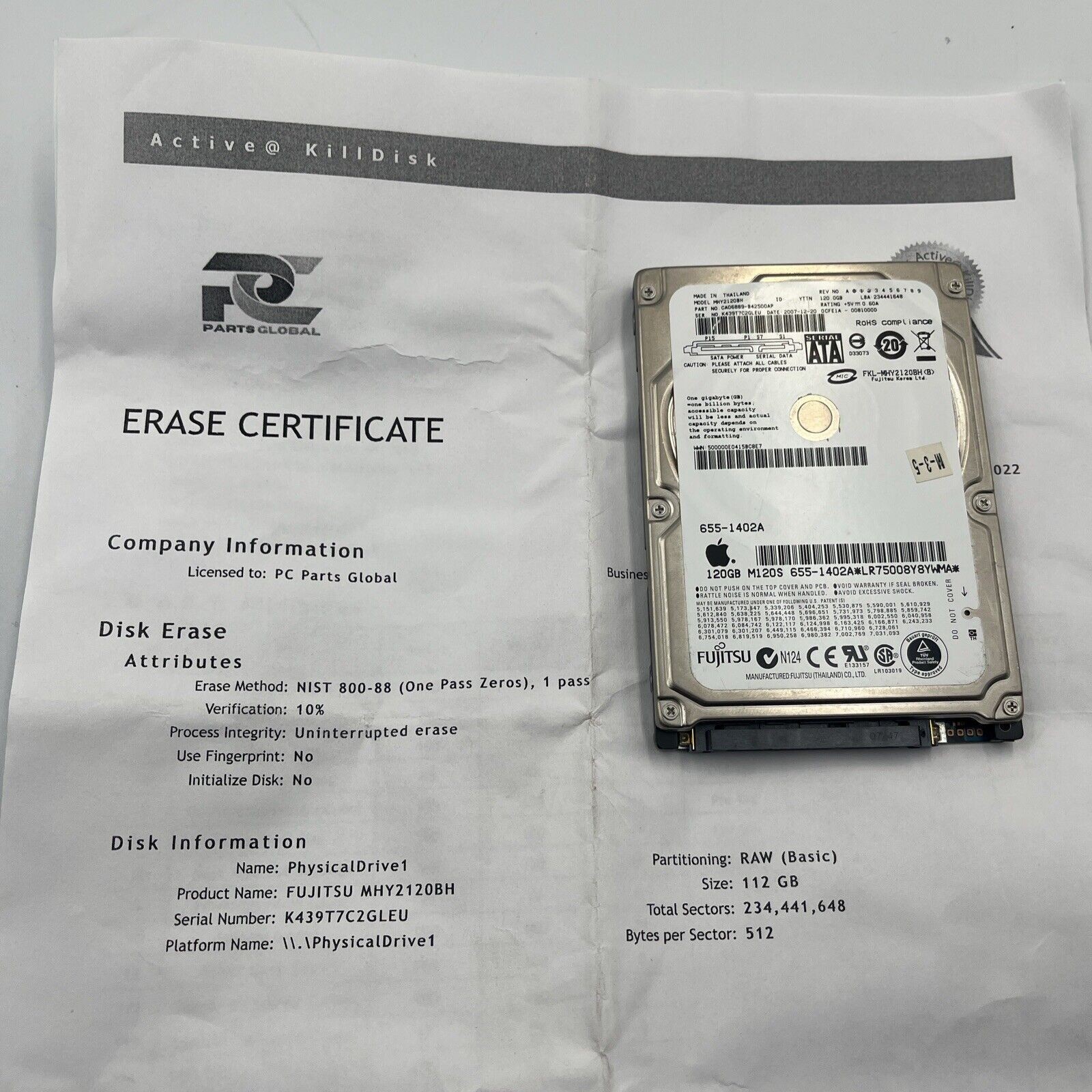 Fujitsu 120GB 2.5" SATA 9.5mm MHY2120BH Hard Drive Tested Wiped