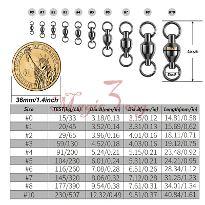 20-100pcs Fishing Swivels Ball Bearing Solid Ring Trolling Black Nickel #0-#8 US