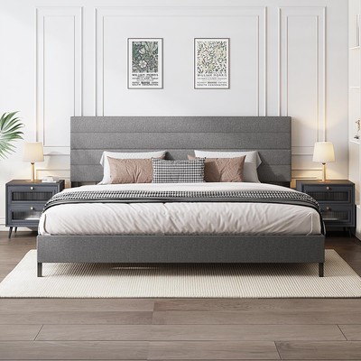 King Bed Frame, Modern Upholstered Bed Frame King with Adjustable Linen Headb...