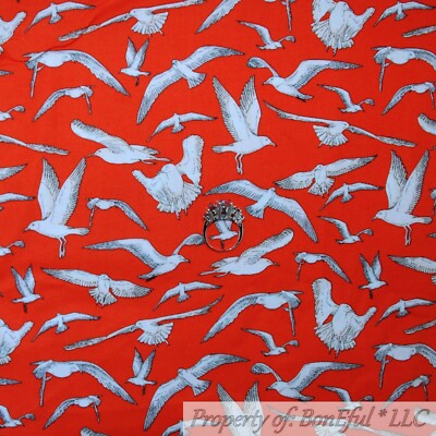 BonEful Fabric FQ Cotton Quilt Red White B&W Scenic Flying Bird Beach Seagull US