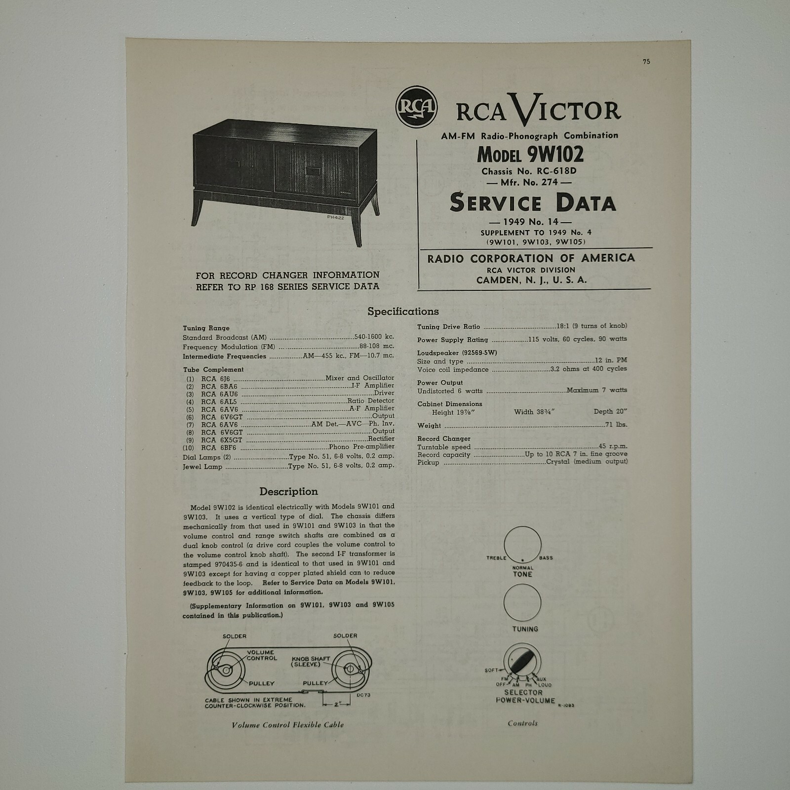 RCA VICTOR SERVICE MANUAL 1949 #14 RADIO PHONOGRAPH 9W102 RC