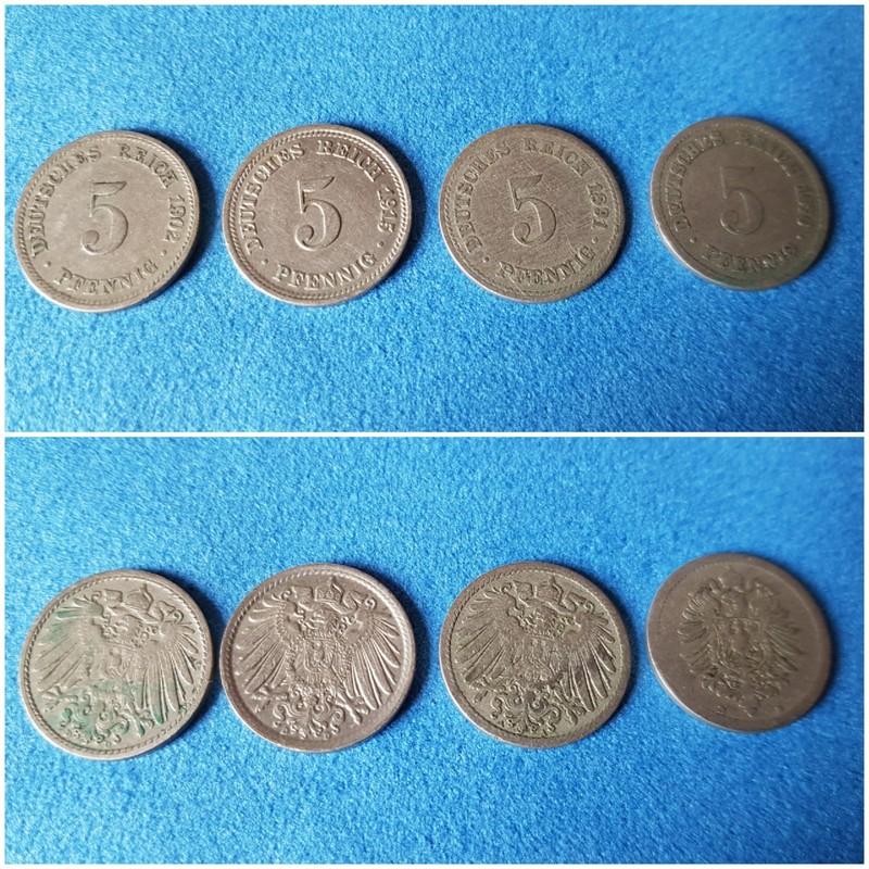 4 MÃ¼Nzen 5 Pfennig Deutsches Reich  Kaiserreich 1876 B 1891 A  1902 D  1915 D -