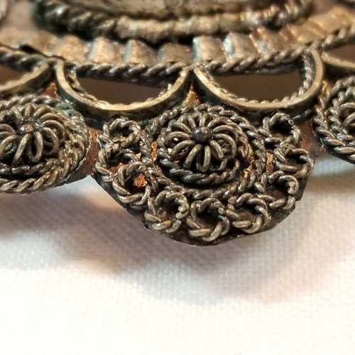 Turquoise Art Glass Cabochon Coin Silver 900 Cannetille Brooch Pin Antique