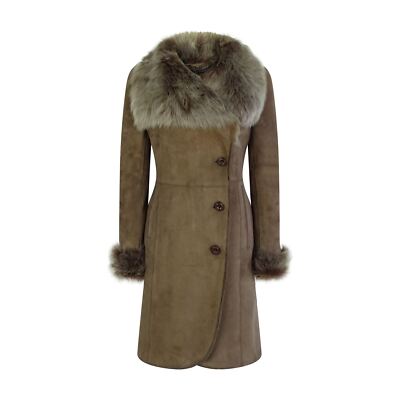 Pre-owned Infinity Ladies Real Sheepskin Jacket Suede Button Tailored Fit 3/4 Long Trench In Brown