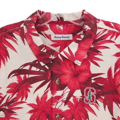 TOMMY BAHAMA Cardinal Stanford Shirt 100% Silk Hibiscus Palms Hawaiian LARGE