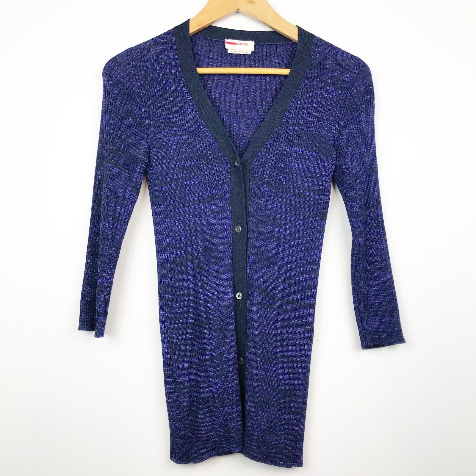 New PRADA | Sz 42 Purple Black Knit Cardigan Sweater 3/4