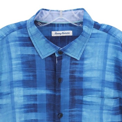 TOMMY BAHAMA Shibori Bay Camp Shirt 100% Silk Blue Colorful Pattern Men's LARGE