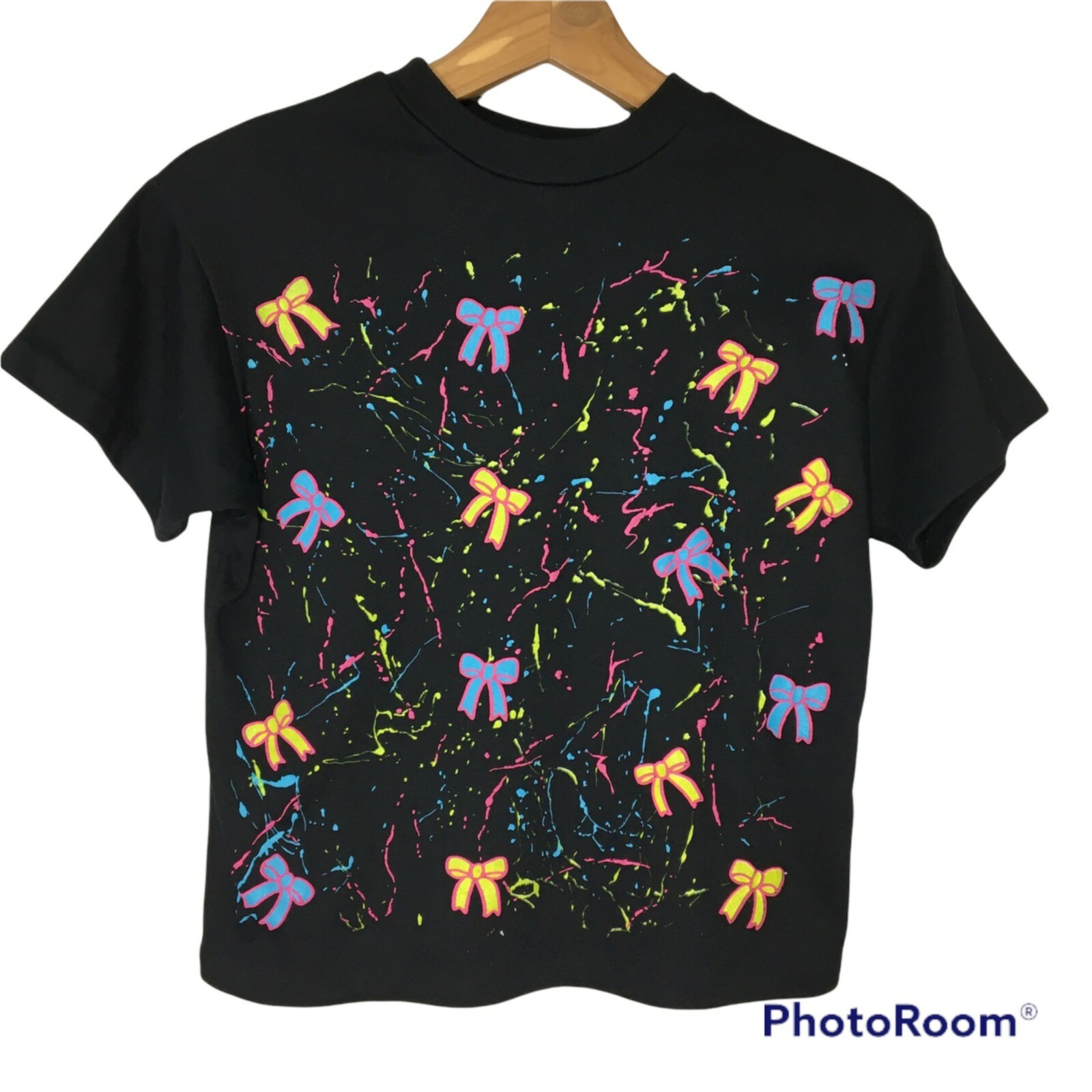 Vintage 80s Black Splatter Pant T- Shirt, Retro Neon Bows