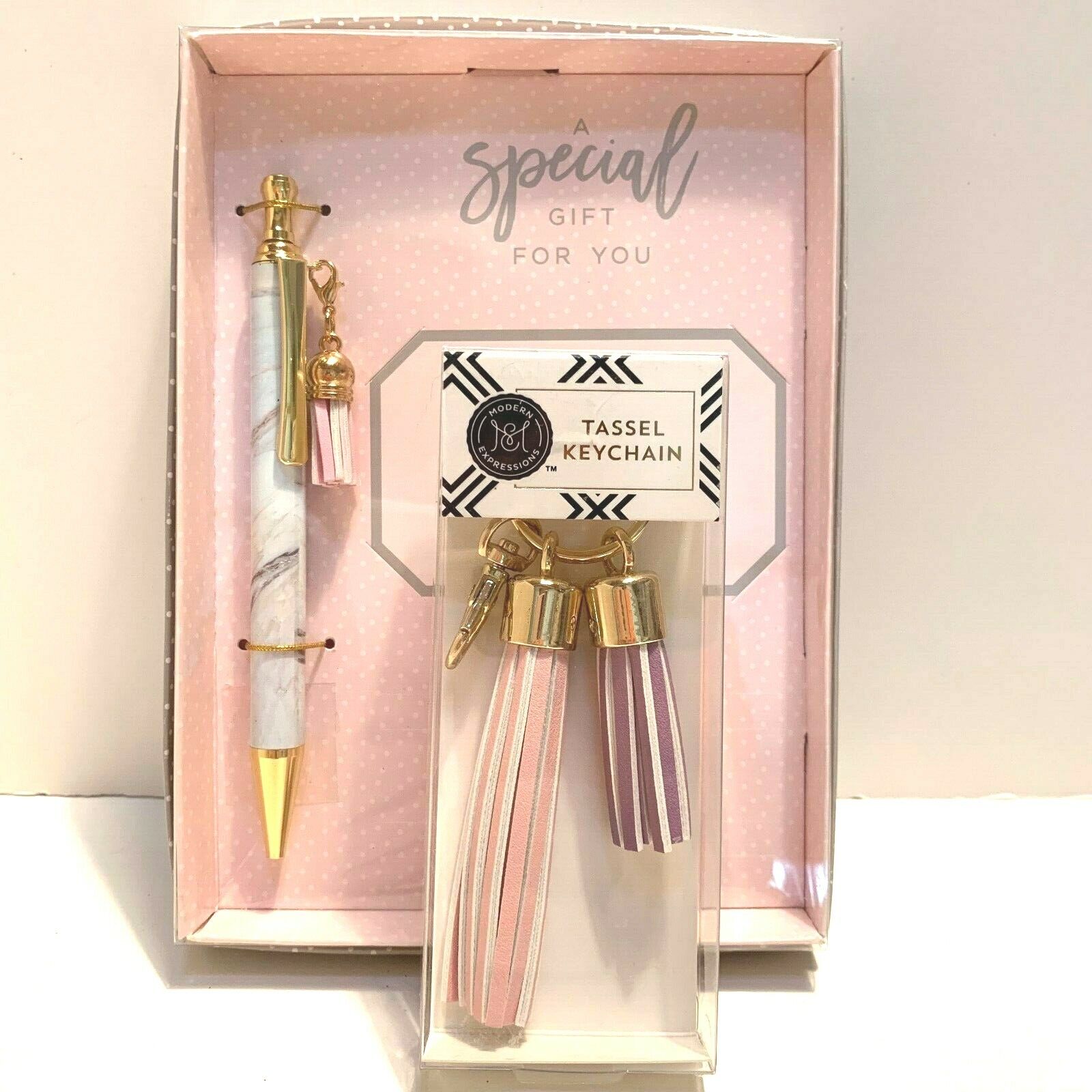 Tassel Keychain and Ballpoint Pen Gift Set Pink Purple