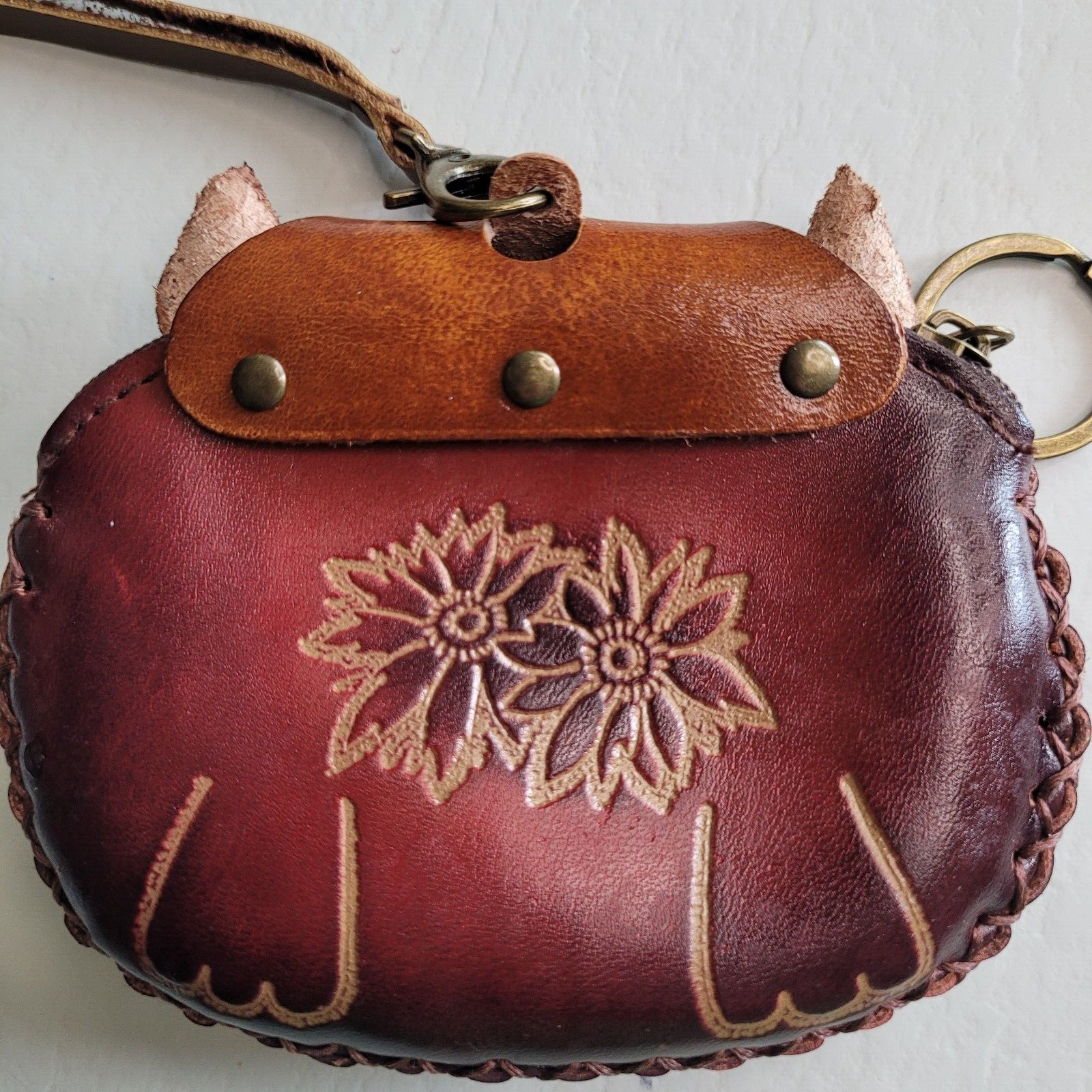 FOX Genuine Leather Wristlet Wallet Change Coin Purse Zip Closure Foxy Charm