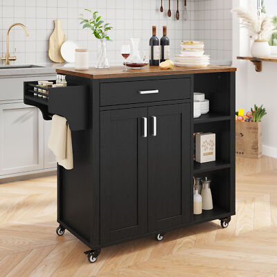 34.8'' Kitchen Island Cart Rolling Storage Cabinet Cart w/Drawer & Rack Shelves