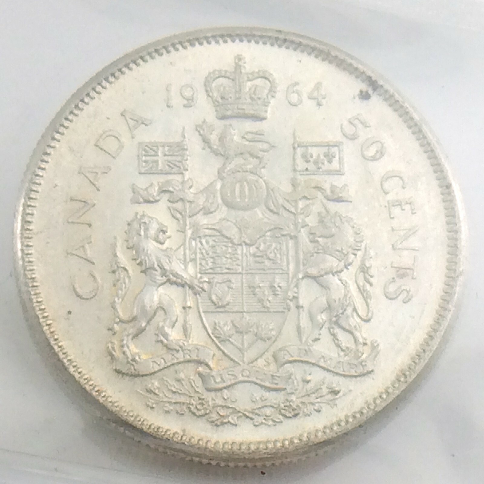 ICCS Graded Mint State 63 Canada 1964 Fifty 50 Cent Cameo Half Dollar Coin I884