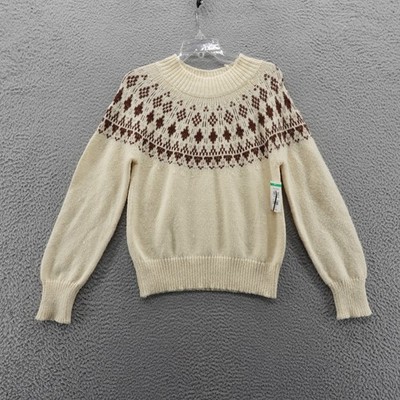 Melrose and Market Womens Fair Isle Crew Neck Sweater Cream Brown XS NEW