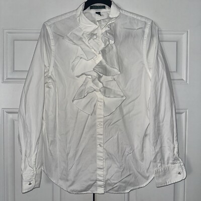 Lauren Ralph Lauren LRL Top Blouse Women White Ruffle Button Up Cotton Career L