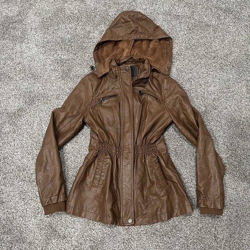 Cavalini vegan leather jacket brown full zip hooded small | eBay