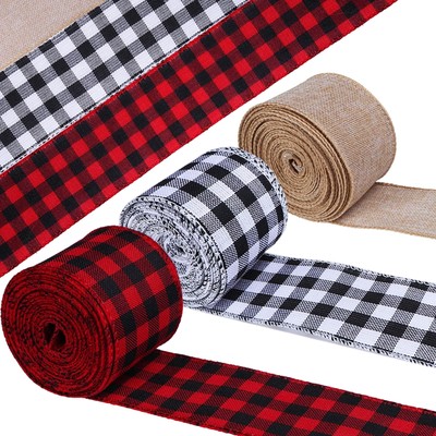 STMK 3 Rolls Wired Edge Ribbons Christmas Red and Black Plaid Ribbons White a...