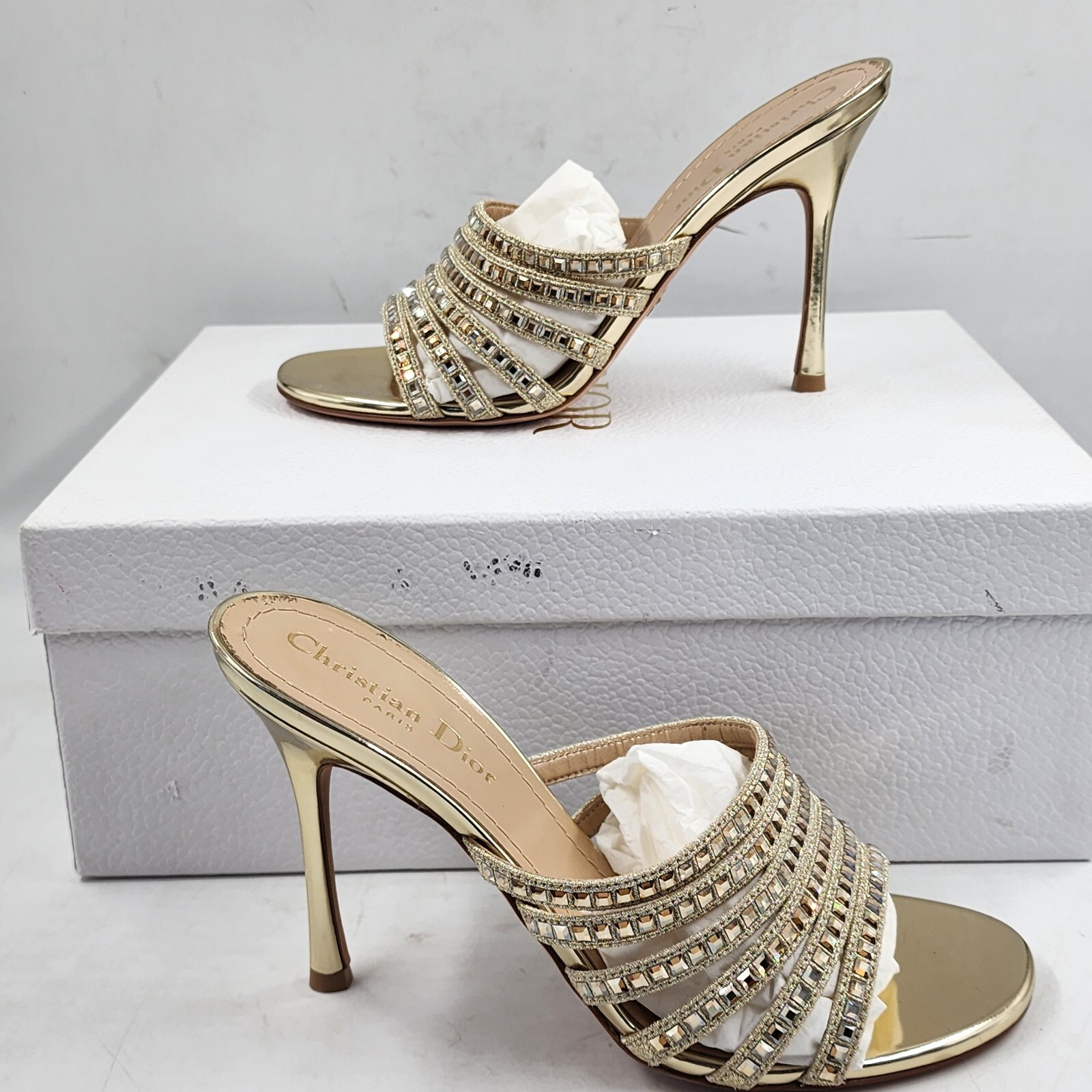 DIOR Gem High-Heeled Mule Sandals Women's 37/7US Light Gold Embellished Slip On - Picture 4 of 20
