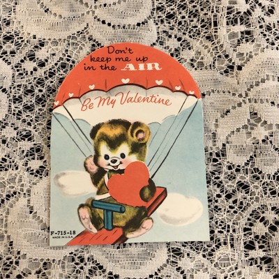 Vintage Greeting Card Valentine Cute Bear Parachute See Saw