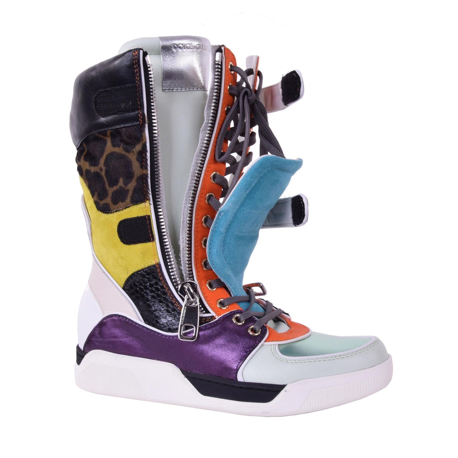 Pre-owned Dolce & Gabbana Patchwork Leo High Zip Sneaker Boots Shoes Black Blue 05873 In Multi-color