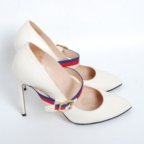 Gucci Women White Pumps Leather Buckle Strap Stiletto High