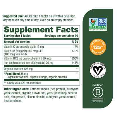 MegaFood Blood Builder 90 Tabs - Energy, Iron, Vitamins C, B12, Folic Acid