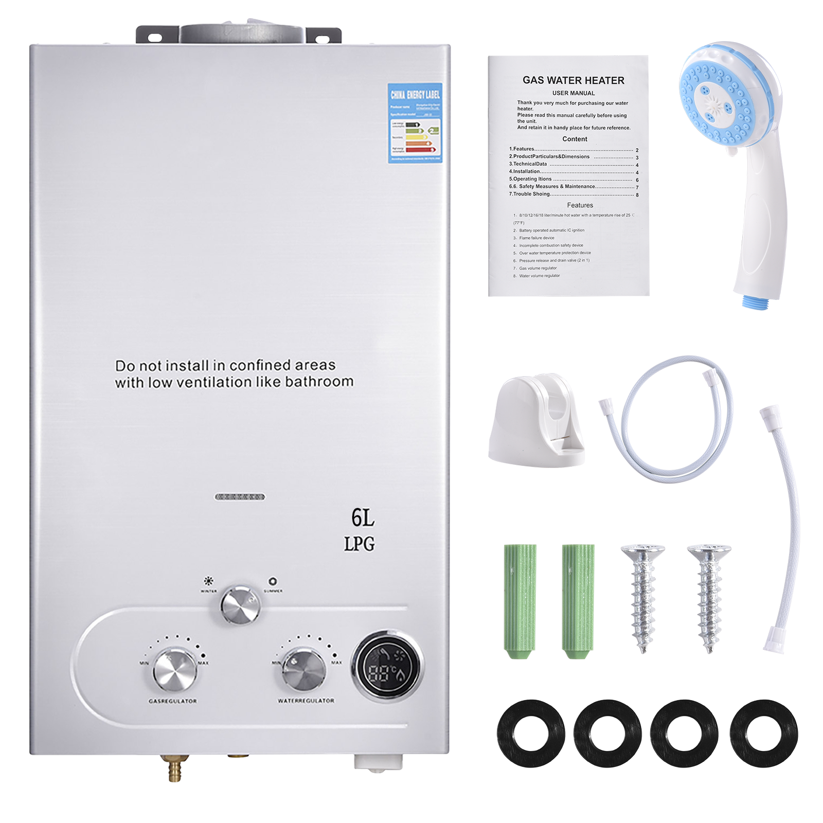 6L Portable Tankless LPG Propane Gas Hot Water Heater Camping Kit Instant 12kw