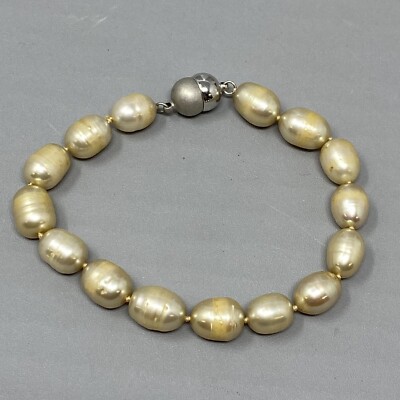 Genuine Pearl Bracelet Cream Baroque Beads Vintage Hand Knotted Magnetic Clasp