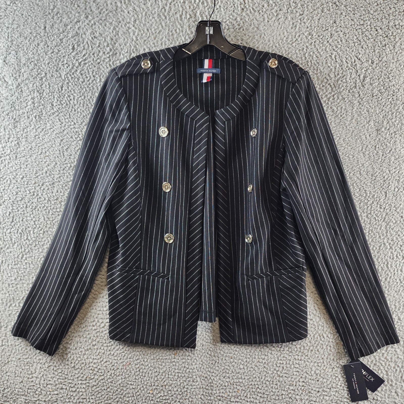 Tommy Hilfiger Striped Band-Collar Jacket Womens 14 Black Open Front Band Collar - Picture 2 of 14