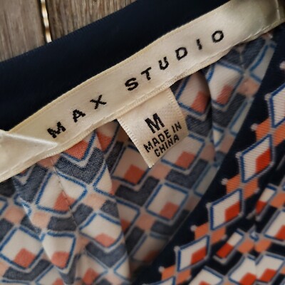 Max Studio M Women's Dress Sleeveless Pleated Shift Border Print Blue White