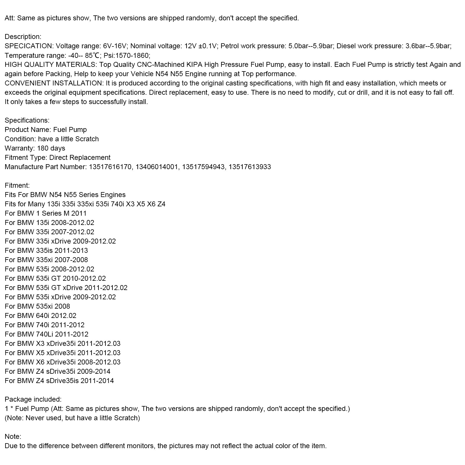 High Pressure Fuel Pump 13517616170 for BMW N54/N55 Engine 335i 535i 535i X5 X6