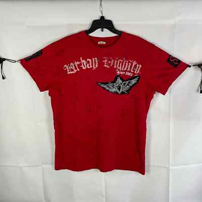 Vintage Y2K Raw Blue Embroidered AOP Red Graphic T-Shirt XL
