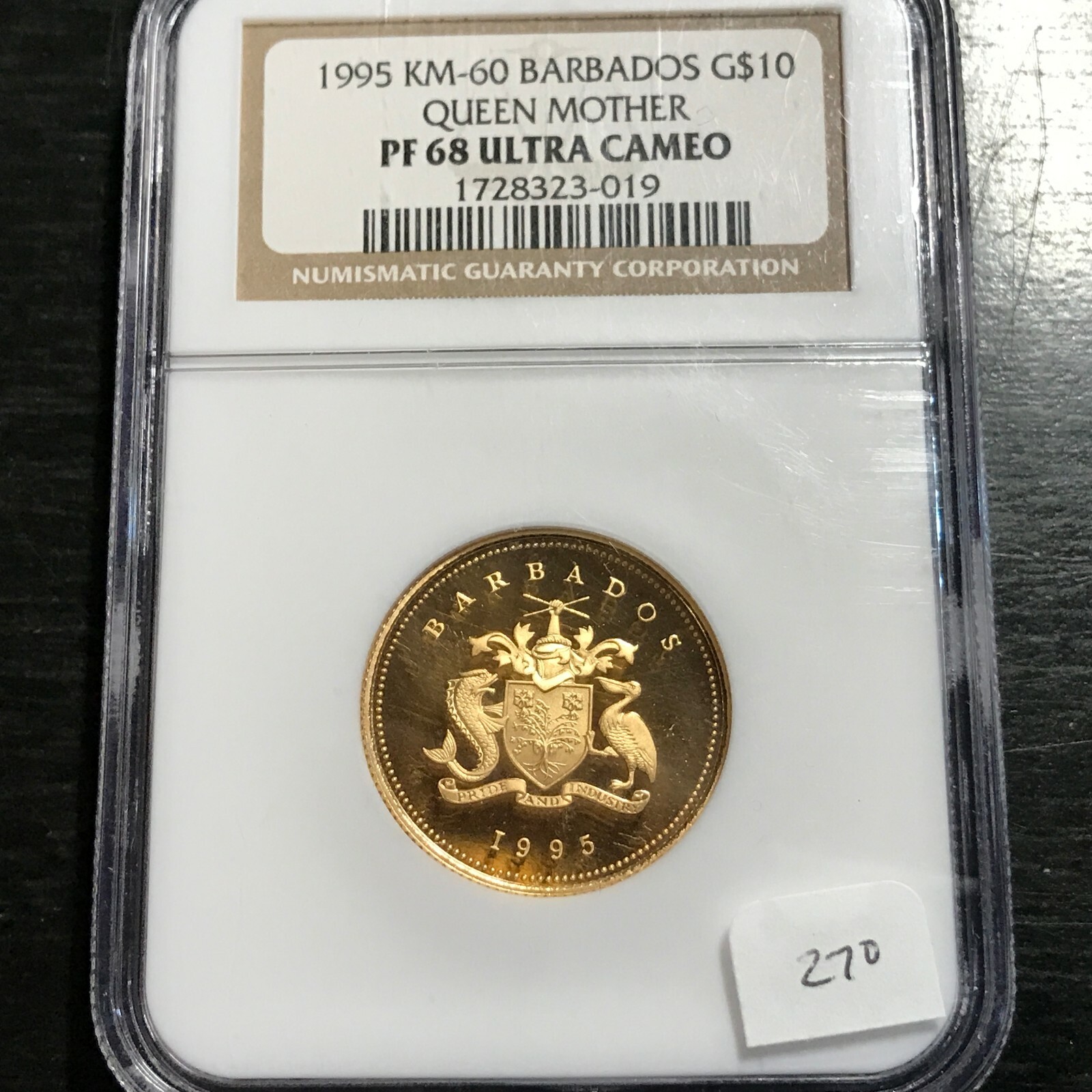 1995 BARBADOS GOLD $10 QUEEN MOTHER NGC PROOF 68 ULTRA CAMEO