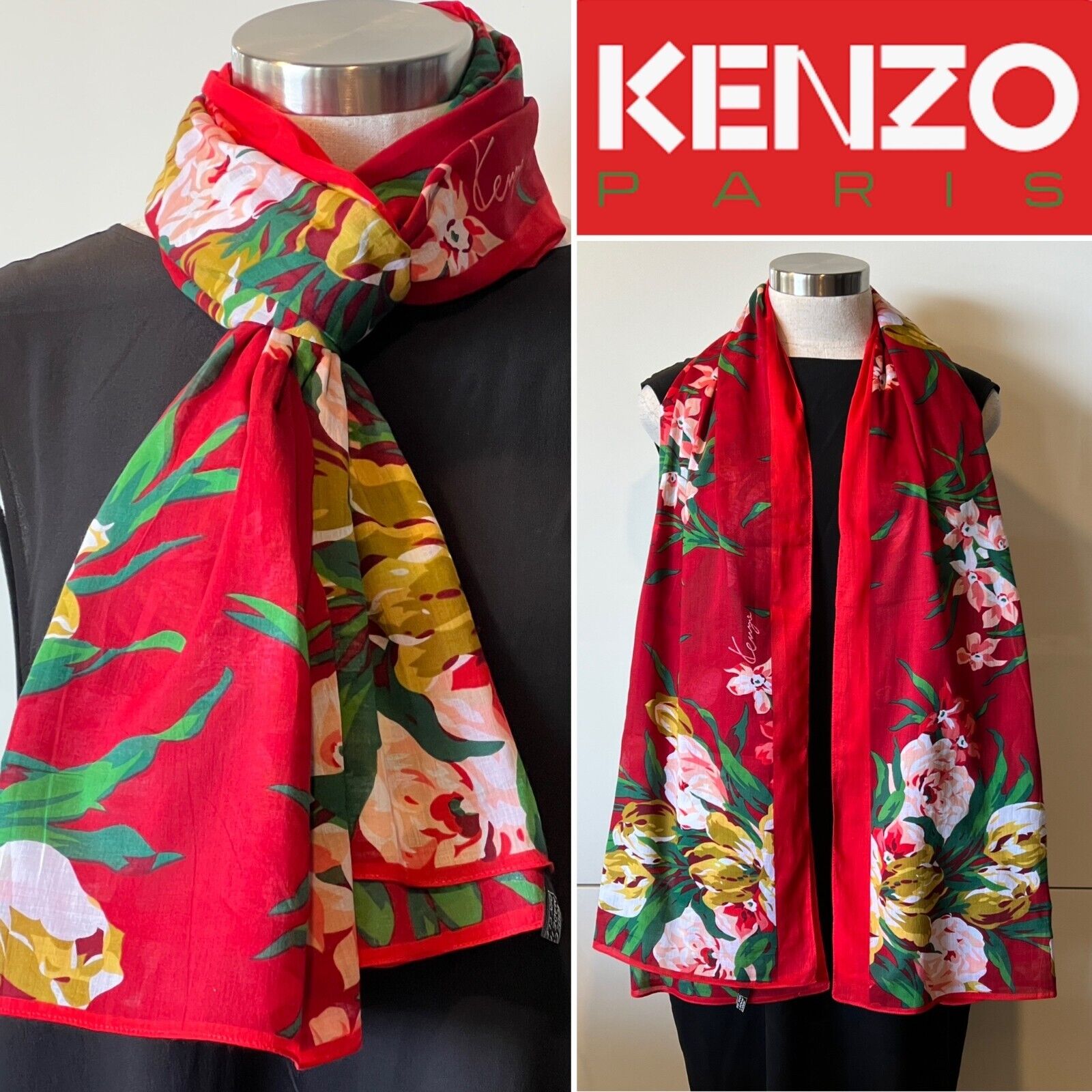 KENZO Vintage Red,Green,Mustard Floral Cotton SCARF/WRAP KENZO Vintage Red,Green,Mustard Floral Cotton SCARF/WRAP