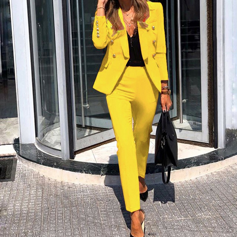 Women Long Sleeve Blazer Jacket 2Piece Set Pencil Pants Business OL Outfit Suit